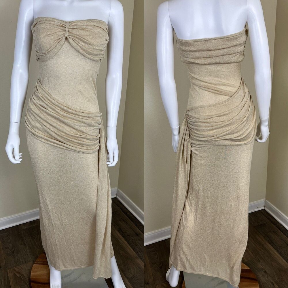 Meshki Strapless Ruched Maxi Dress in Beige - Picture 2 of 15